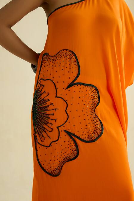 Meesa Orange Crepe Embroidery Asymmetric Tunic And Pant Set at Aza Fashions Meesa_Orange Crepe Embroidery Asymmetric Tunic And Pant Set _at_Aza_Fashions