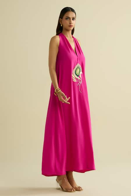 Meesa Pink Crepe Embroidery Halter Neck Designer Dress Online at Aza Fashions Meesa_Pink Crepe Embroidery Halter Neck Designer Dress _Online_at_Aza_Fashions