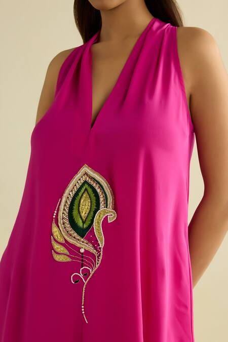 Buy Meesa Pink Crepe Embroidery Halter Neck Designer Dress Online at Aza Fashions Buy_Meesa_Pink Crepe Embroidery Halter Neck Designer Dress _Online_at_Aza_Fashions