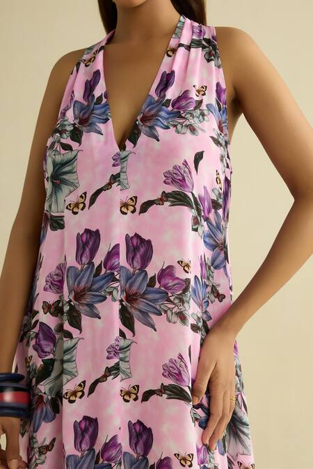 Meesa Pink Crepe Plunge Neck Floral Print Maxi Dress Online at Aza Fashions Meesa_Pink Crepe Plunge Neck Floral Print Maxi Dress _Online_at_Aza_Fashions