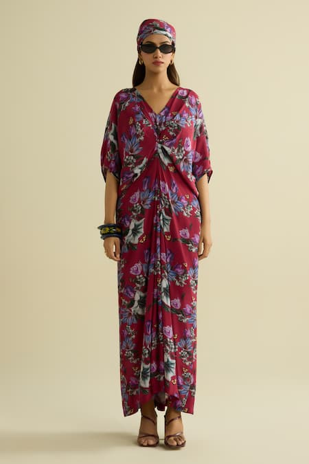 Meesa Maroon Crepe V-neck Floral Printed Kaftan 