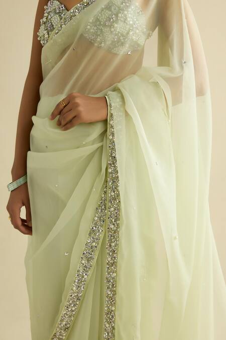 Meesa Green Organza, Chanderi Silk Sequins, Beads Round Embellished Sage Saree Set Online at Aza Fashions Meesa_Green Organza, Chanderi Silk Sequins, Beads Round Embellished Sage Saree Set _Online_at_Aza_Fashions