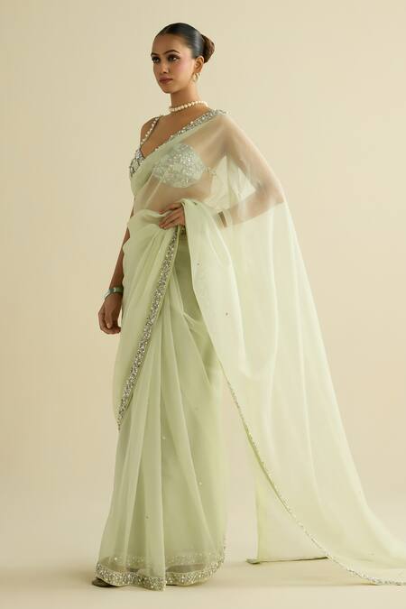 Buy Meesa Green Organza, Chanderi Silk Sequins, Beads Round Embellished Sage Saree Set Online at Aza Fashions Buy_Meesa_Green Organza, Chanderi Silk Sequins, Beads Round Embellished Sage Saree Set _Online_at_Aza_Fashions
