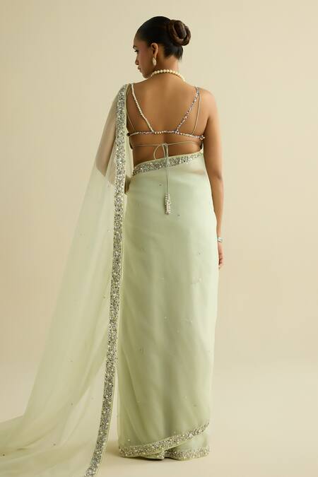 Meesa Embellished Sage Green Organza Saree Set 