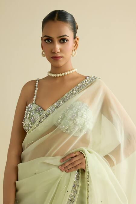 Shop Meesa Green Organza, Chanderi Silk Sequins, Beads Round Embellished Sage Saree Set Online at Aza Fashions Shop_Meesa_Green Organza, Chanderi Silk Sequins, Beads Round Embellished Sage Saree Set _Online_at_Aza_Fashions