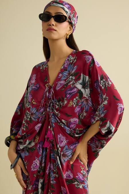 Buy_Meesa_Maroon Crepe Tassels V-neck Floral Printed Kaftan _Online_at_Aza_Fashions