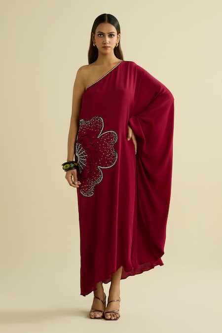 Meesa Maroon Crepe Sequins Asymmetric Designer Embroidered Kaftan 