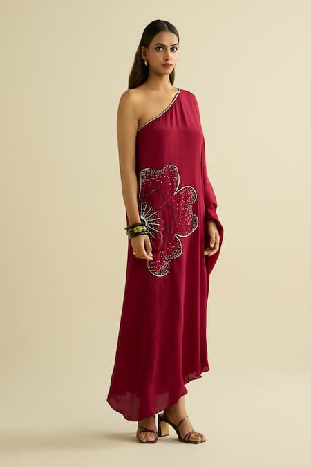 Meesa_Maroon Crepe Sequins Asymmetric Designer Embroidered Kaftan _Online_at_Aza_Fashions