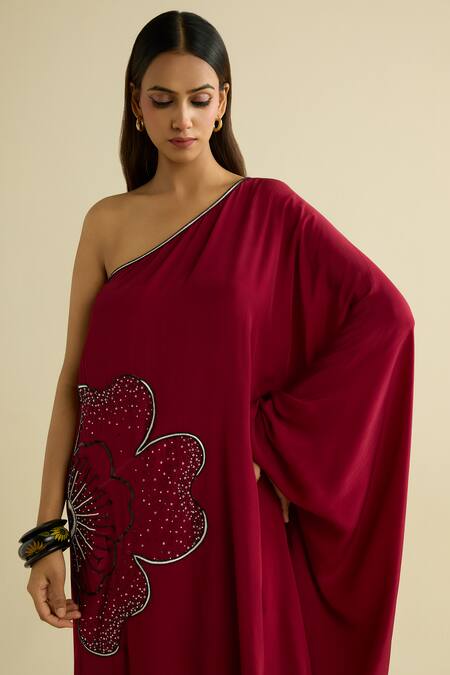 Buy_Meesa_Maroon Crepe Sequins Asymmetric Designer Embroidered Kaftan _Online_at_Aza_Fashions