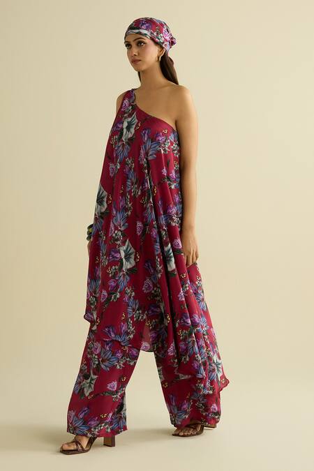 Buy_Meesa_Maroon Crepe Asymmetric Floral Tunic And Pant Set _Online_at_Aza_Fashions