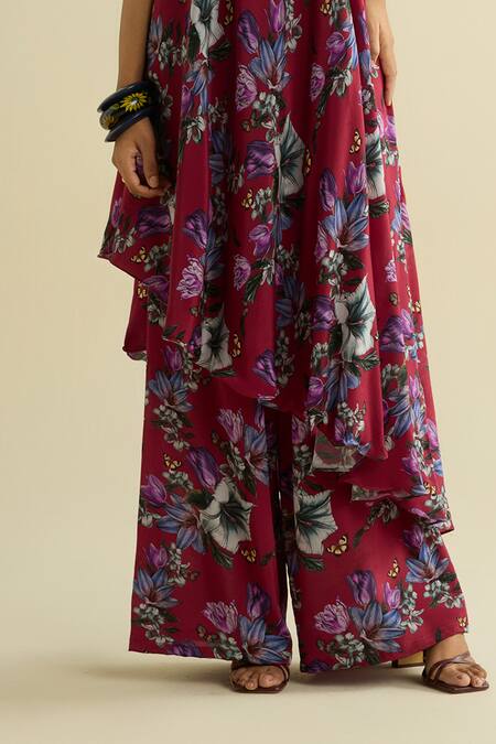 Shop_Meesa_Maroon Crepe Asymmetric Floral Tunic And Pant Set _Online_at_Aza_Fashions