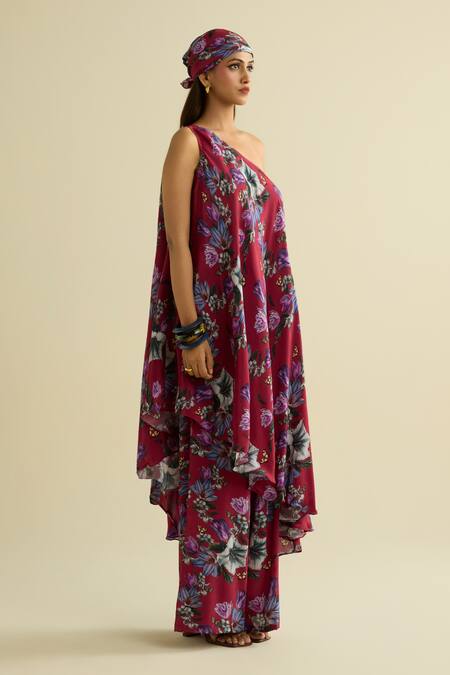 Meesa_Maroon Crepe Asymmetric Floral Tunic And Pant Set _at_Aza_Fashions