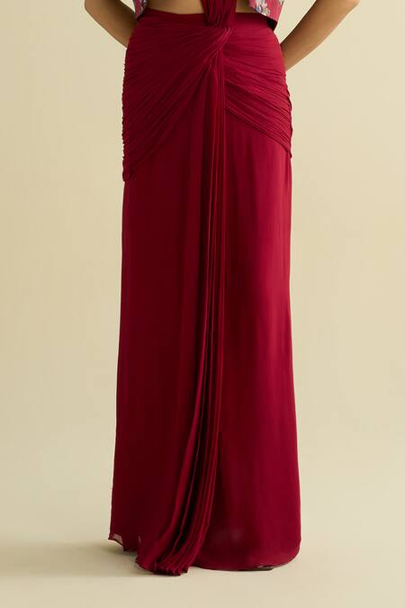 Meesa_Maroon Georgette, Chanderi Silk Embroidery Round Neck, Saree And Jacket Set _Online_at_Aza_Fashions