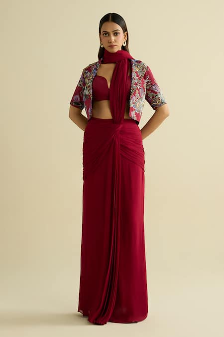 Meesa Maroon Georgette, Chanderi Silk Embroidery Round Neck, Saree And Jacket Set 