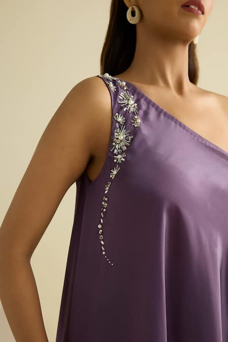 Buy_Meesa_Purple Crepe Beads One Shoulder Multicolor Gradient Tunic And Pant Set _Online_at_Aza_Fashions