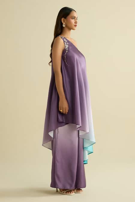 Shop_Meesa_Purple Crepe Beads One Shoulder Multicolor Gradient Tunic And Pant Set _Online_at_Aza_Fashions