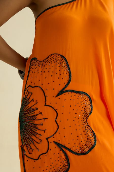 Meesa_Orange Crepe Embroidery Asymmetric Designer Kaftan _Online_at_Aza_Fashions