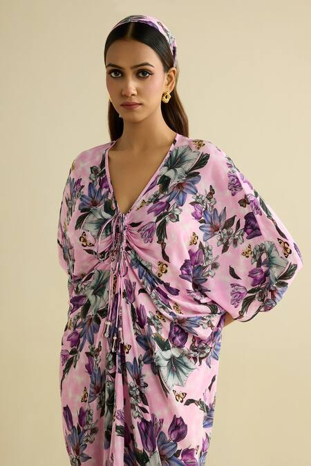 Meesa_Pink Crepe V-neck Floral Print Kaftan _Online_at_Aza_Fashions