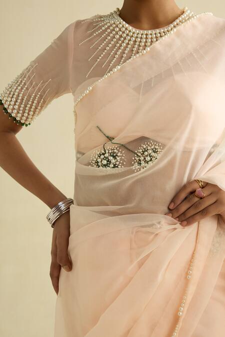 Buy_Meesa_Pink Organza Pearls, Embroidery Round Neck Saree And Blouse Set _Online_at_Aza_Fashions