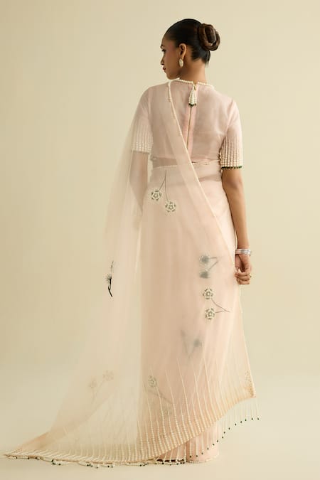 Meesa Pink Organza Embroidered Saree & Blouse Set 