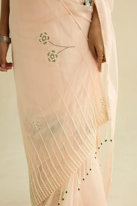 Meesa_Pink Organza Pearls, Embroidery Round Neck Saree And Blouse Set _at_Aza_Fashions
