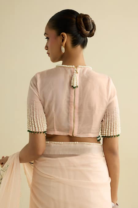 Buy_Meesa_Pink Organza Pearls, Embroidery Round Neck Saree And Blouse Set 