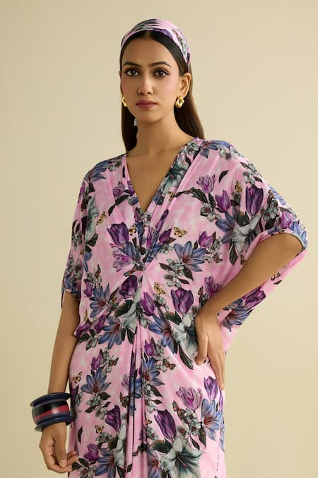 Meesa_Pink Crepe V-neck Floral Print Kaftan _Online_at_Aza_Fashions