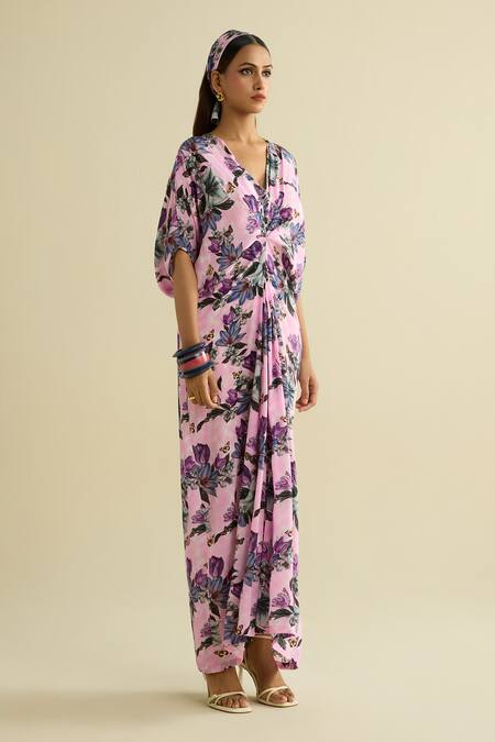 Buy_Meesa_Pink Crepe V-neck Floral Print Kaftan _Online_at_Aza_Fashions