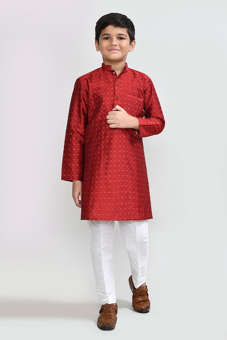Petite Pomme Red Jacquard Embroidery Silk Kurta And White Pant Set 