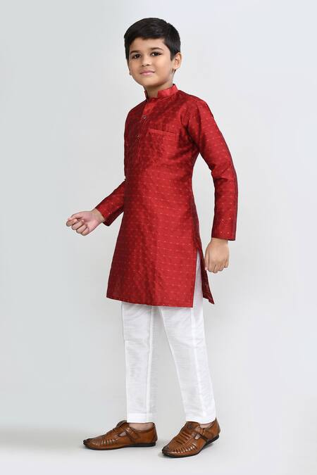 Shop_Petite Pomme_Red Jacquard Embroidery Silk Kurta And White Pant Set _Online_at_Aza_Fashions