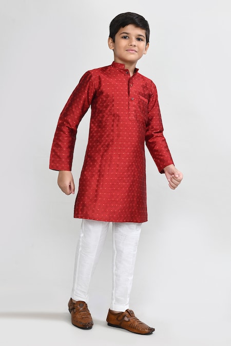 Petite Pomme_Red Jacquard Embroidery Silk Kurta And White Pant Set _at_Aza_Fashions