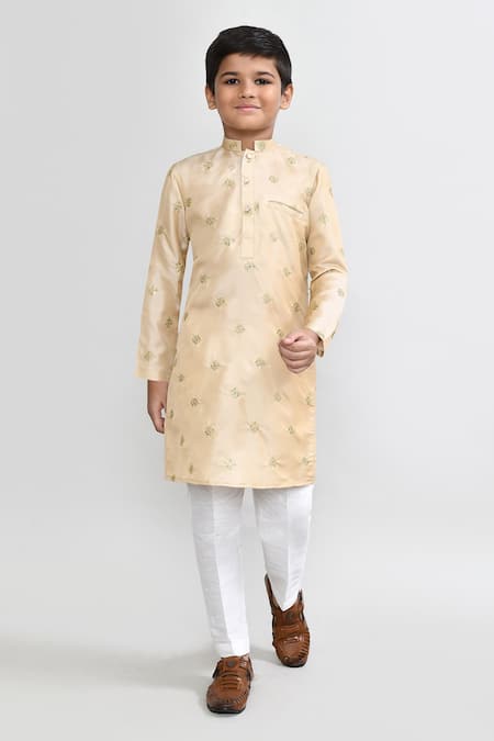 Petite Pomme Beige Satin, Silk Zari Work Kurta And White Pant Set 
