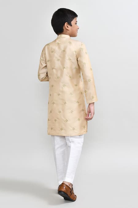 Shop_Petite Pomme_Beige Satin, Silk Zari Work Kurta And White Pant Set _at_Aza_Fashions