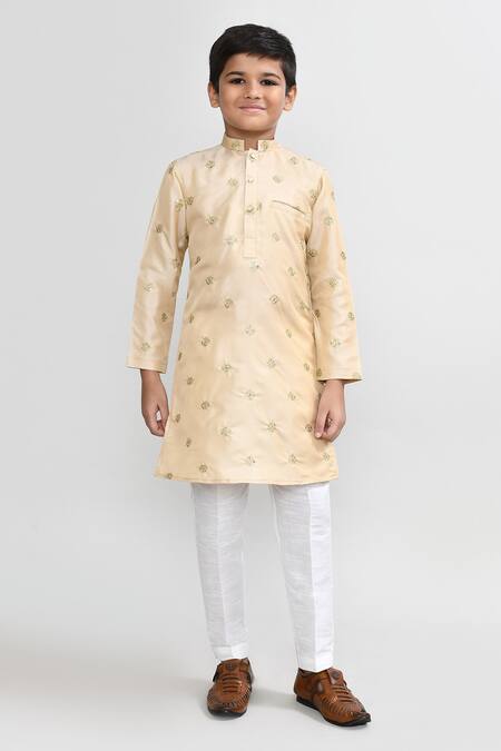 Buy_Petite Pomme_Beige Satin, Silk Zari Work Kurta And White Pant Set _Online_at_Aza_Fashions