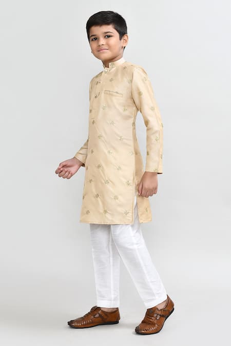 Shop_Petite Pomme_Beige Satin, Silk Zari Work Kurta And White Pant Set _Online_at_Aza_Fashions