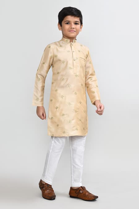 Petite Pomme_Beige Satin, Silk Zari Work Kurta And White Pant Set _at_Aza_Fashions