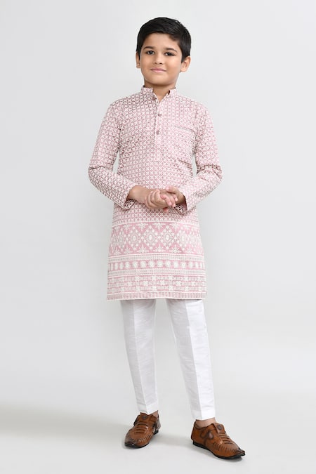 Petite Pomme Pink Silk Embroidery Onion Full Kurta Set 