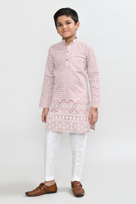 Buy_Petite Pomme_Pink Silk Embroidery Onion Full Kurta Set _Online_at_Aza_Fashions