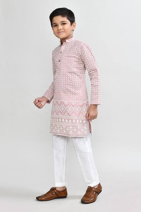 Shop_Petite Pomme_Pink Silk Embroidery Onion Full Kurta Set _Online_at_Aza_Fashions