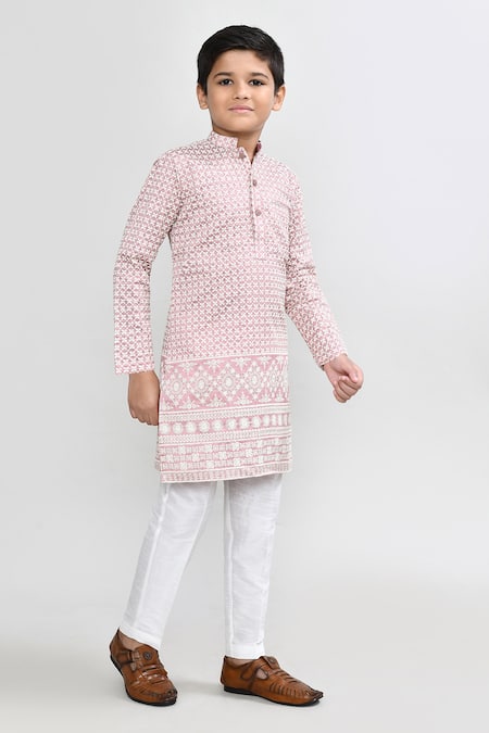Petite Pomme_Pink Silk Embroidery Onion Full Kurta Set _at_Aza_Fashions