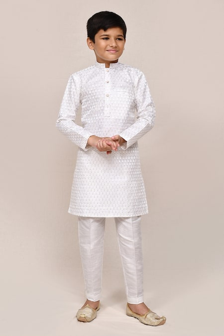 Buy_Petite Pomme_White Silk Sequins, Embroidery Art Kurta And Pant Set _Online_at_Aza_Fashions