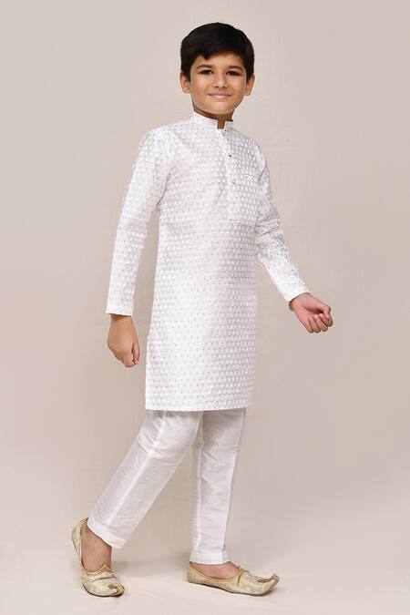 Petite Pomme_White Silk Sequins, Embroidery Art Kurta And Pant Set _at_Aza_Fashions