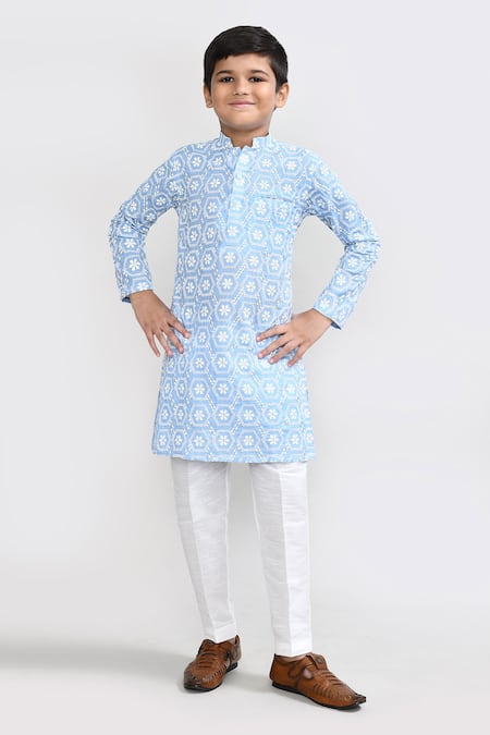 Petite Pomme Sky Blue Cotton Embroidery Kurta And Pant Set 