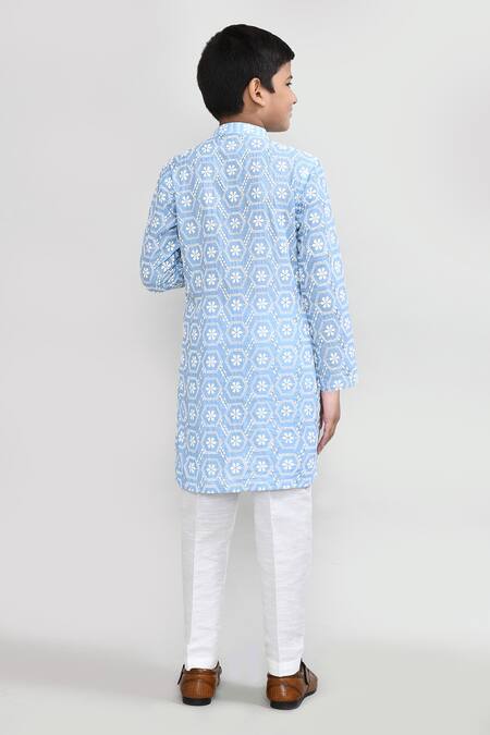 Shop_Petite Pomme_Sky Blue Cotton Embroidery Kurta And Pant Set _at_Aza_Fashions