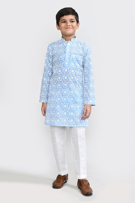 Buy_Petite Pomme_Sky Blue Cotton Embroidery Kurta And Pant Set _Online_at_Aza_Fashions