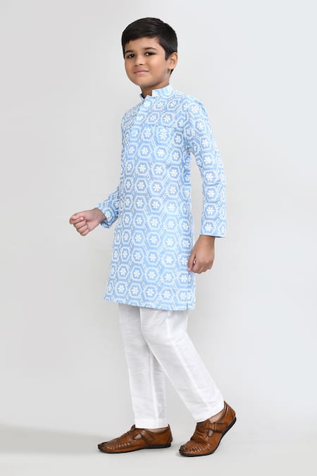 Shop_Petite Pomme_Sky Blue Cotton Embroidery Kurta And Pant Set _Online_at_Aza_Fashions
