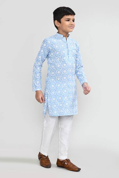 Petite Pomme_Sky Blue Cotton Embroidery Kurta And Pant Set _at_Aza_Fashions
