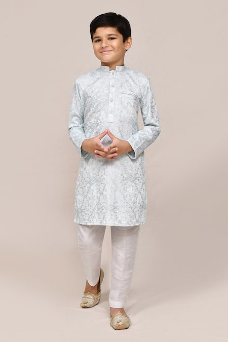 Petite Pomme_Sky Blue Silk Embroidery Thread Work Kurta And Pant Set _Online_at_Aza_Fashions