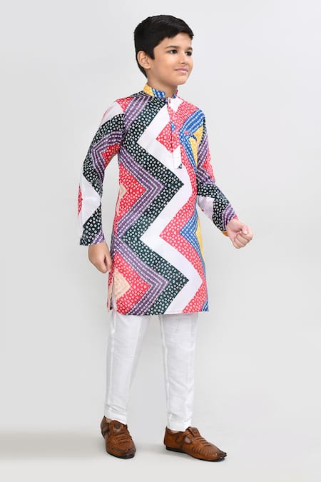 Petite Pomme Red Satin, Silk Multicolour Printed Kurta And White Pant Set 