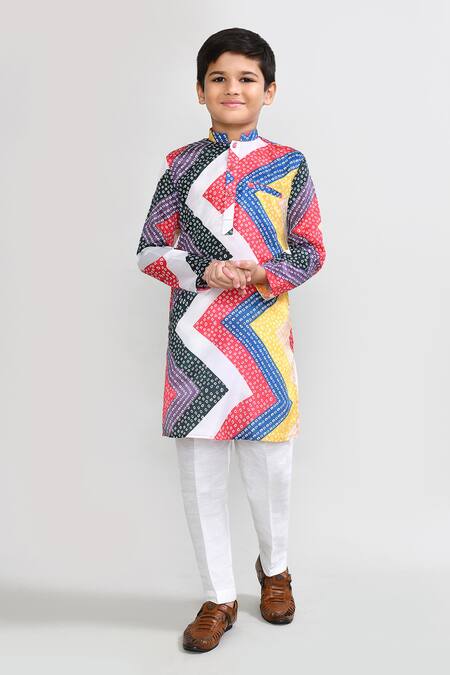 Buy_Petite Pomme_Red Satin, Silk Multicolour Printed Kurta And White Pant Set _Online_at_Aza_Fashions